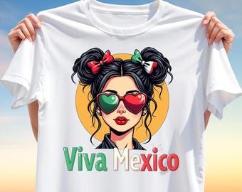 Viva Mexico T-Shirt Design PNG – Heart Sunglasses Latina Girl Clipart with Mexican Flag Colors for Sublimation, Fiesta & Pride Apparel