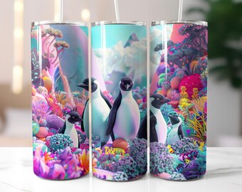 Penguin Fantasy Tumbler Wrap PNG, Colorful Nature Scene Sublimation, 20 oz Skinny Tumbler, Cute Animal Wonderland Design