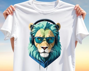Urban Lion T-Shirt Design PNG – Cool Streetwear Wild Cat with Headphones & Glasses, Stylish Sublimation Animal Clipart