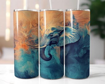 Elephant Tumbler Wrap PNG, Abstract Safari Animal Design, 20 oz Skinny Tumbler Sublimation, Boho Wildlife Cup Wrap