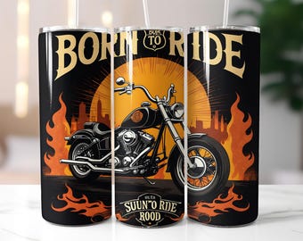 Born to Ride Tumbler Wrap PNG – 20oz Skinny Sublimation Design with Chopper Motorcycle, Flames, Sunset City Skyline & Biker Freedom Theme
