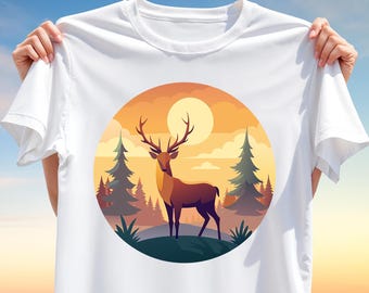 Sunrise Deer T-Shirt PNG – Majestic Wildlife T-Shirt Design for Sublimation, Warm Forest Clipart for Nature DIY Projects, Outdoor Gift Ideas