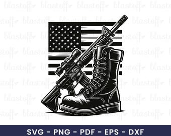 Military SVG Rifle Boot Flag Design, Patriotic Memorial Clipart for Cricut, Veteran Day Sublimation PNG, Soldier Tribute DXF