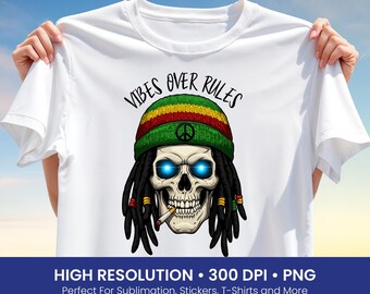 Vibes Over Rules Skull T-Shirt Design PNG, Reggae Rasta Skeleton Clipart, Dreadlock Skull Sublimation Art, Boho Rebel Style Graphic
