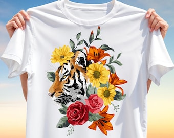 Floral Tiger Head T-Shirt Design – Elegant Wild Animal PNG Clipart for Sublimation, Botanical Jungle Graphic Digital Download for Apparel