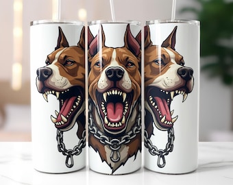 Aggressive Pitbull Tumbler Wrap PNG – 20oz Skinny Sublimation Design with Angry Dog Head, Sharp Teeth, Chain Collar & Bold Urban Style