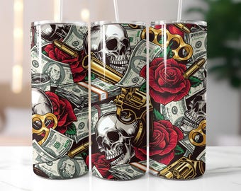 Skull and Money Tumbler Wrap PNG, Guns Roses Cash 20oz Skinny Sublimation Design, Dark Tattoo Style Tumbler Wrap, Digital Download