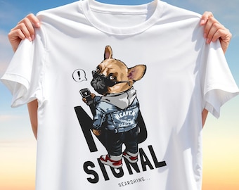 No Signal Dog PNG – French Bulldog Streetwear Design with Phone & Denim Jacket, Funny Digital Art for Sublimation T-Shirts, Urban Style
