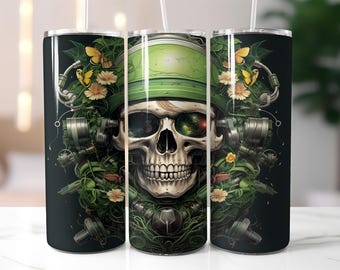 Soldier Skull Tumbler Wrap PNG – Natural 20oz Skinny Sublimation Design with Helmet, Flowers & Futuristic Tech, Skull Tumbler Wrap Design