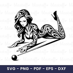 May include: Black and white illustration of a woman playing pool. The woman is lying down, with intricate tribal-style patterns on her body. She is holding a pool cue, aiming at a black pool ball. The image includes the text "SVG - PNG - PDF - EPS - DXF".