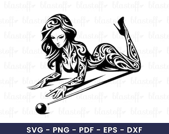 Tribal Billiard Sexy Girl SVG – Sexy Pin-Up Silhouette Pool Player Clipart for Cricut, T-Shirts, Stickers & Sublimation Design