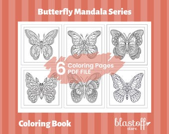 Butterfly Mandala Coloring Pages PDF – 6 Printable Zentangle Butterfly Designs for Adults | Relaxing Mindful Art | Instant Digital Download
