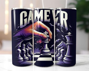 Game Over Chess Tumbler Wrap PNG – 20oz Skinny Sublimation Design with Hand, King, Knight, Checkmate Graphic – Digital Download