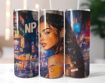 Urban Portrait Tumbler Wrap PNG – 20oz Sublimation Design with Neon City Lights, Modern Girl Artwork, High Resolution Digital Download