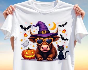 Halloween Highland Cow T-Shirt Design PNG – Witch Hat Pumpkin Cat Bat Ghost Clipart – Cute Sublimation Design for T-Shirts, Mugs and More