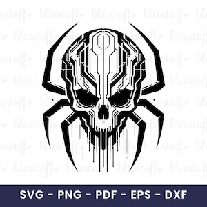 Puede incluir: Ilustración digital en blanco y negro de un híbrido calavera-araña. La calavera presenta intrincados patrones geométricos, con patas de araña que se extienden desde los lados. La imagen incluye el texto "SVG - PNG - PDF - EPS - DXF".
