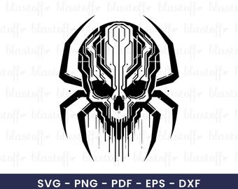 Cyber Skull Spider SVG – Tech Tattoo Style PNG Clipart for Sublimation, Gamer T-Shirt Design & Digital Download, Skull Tattoo Design