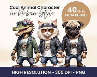 Urban Style Animal Clipart Mega Bundle – 40 Transparent PNG Characters in Street Style for T-Shirt Printing, Stickers and Digital Designs