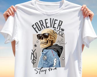 Forever Cool Skull PNG – Street Style Skeleton Clipart with Sunglasses, Fearless Quote Sublimation Design for T-Shirts, Digital Download