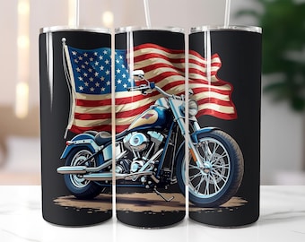 American Flag Motorcycle Tumbler Wrap PNG, 20oz Skinny Sublimation Design, Patriotic Chopper Biker Art Wrap, Digital Download