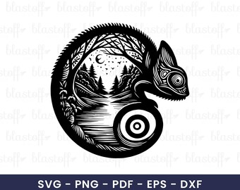 Chameleon Forest SVG – Nature Scene Lizard PNG Clipart for Sublimation, Tribal Wildlife Design, Tattoo Art Design SVG