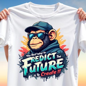May include: White t-shirt featuring a cartoon chimpanzee wearing sunglasses and a cap. The graphic includes the text "The Best Way to Predict the Future is To Create It" in a stylized font with blue and white colors.