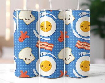Kawaii Breakfast Tumbler Wrap PNG – 20oz Sublimation Design with Cute Egg, Bacon, Toast and Fork Pattern, Fun Food Clipart