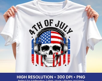 4th of July Skull T-Shirt PNG – American Flag Sublimation Design with Headphones, Patriotic Skull Clipart for Independence Day