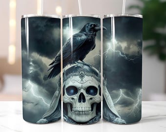 Raven Crown Skull Tumbler Wrap PNG, Gothic Skull and Crow Design for 20 oz Skinny Tumbler, Stormy Dark Sublimation Art