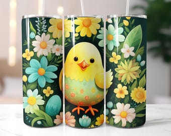 Spring Chick Tumbler Wrap PNG, Easter Floral 20 oz Skinny Tumbler Sublimation, Cute Yellow Bird Cup Wrap Design