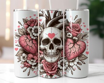 Gothic Skull Heart Tumbler Wrap PNG – 20oz Sublimation Design with Roses, Anatomical Heart, Skeleton & Tattoo Art Style