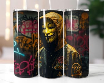 Graffiti Masked Hacker Tumbler Wrap PNG – 20oz Skinny Tumbler Sublimation Design with Urban Street Art, Yellow Hood, and Anonymous Vibes
