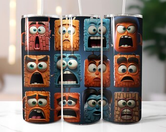 3D Cartoon Face Tumbler Wrap PNG – 20oz Skinny Sublimation Design with Funny Square Characters, Screaming Expressions & Colorful Texture