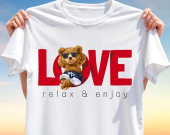 Love Relax Enjoy PNG – Cute Bear in Sunglasses Inside LOVE Text, Summer Sublimation Design for Chill Vibes T-Shirts, Digital Download