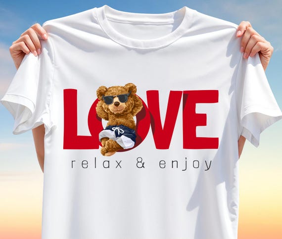 Love Relax Enjoy PNG – Cute Bear in Sunglasses Inside LOVE Text, Summer Sublimation Design for Chill Vibes T-Shirts, Digital Download