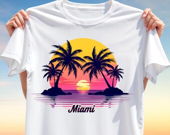 Miami Sunset T-Shirt Design PNG – Tropical Palm Tree Silhouette Sublimation Design for T-Shirts, Summer Wibes, Retro Beach Digital Clipart