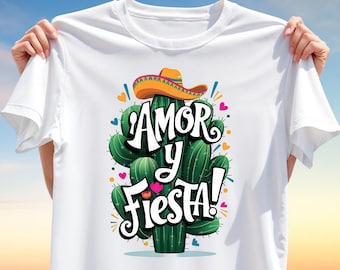 Amor y Fiesta T-Shirt Design PNG – Sombrero Cactus Clipart with Hearts and Latin Love Vibes for Cinco de Mayo and Romantic Sublimation