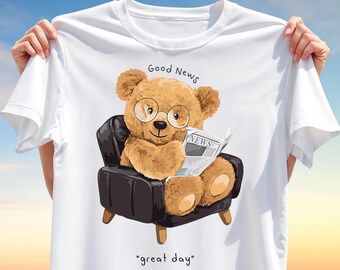 Good News Teddy PNG – Cute Bear Reading Newspaper Clipart, Great Day Positive Quote Sublimation Design for T-Shirts, Digital Download