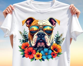 City Bulldog T-Shirt Design PNG – Cool Dog in Sunglasses with Floral Frame and Skyline Reflection for Sublimation, Urban Pet Lover Shirt