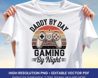 Funny Gamer Dad T-Shirt PNG – Retro Gaming Sublimation Design, Printable Dad Shirt Clipart, Father’s Day Gift Idea