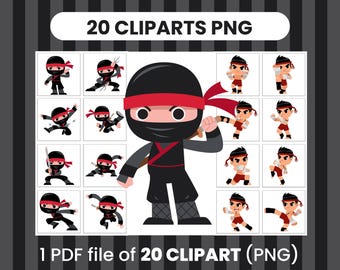 Ninja Character Clipart BUNDLE PNG – 20 Martial Arts Character PNGs for Boys Party Decor, Stickers, Sublimation, Scrapbook, Printable Crafts