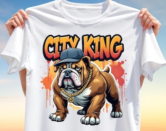 City King Bulldog T-Shirt Design PNG – Cool Hip-Hop Dog with Cap & Gold Chain Clipart for Sublimation, Urban Style Streetwear Design
