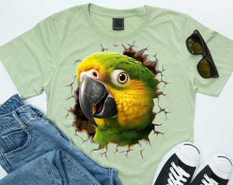 3D Parrot T-Shirt Design PNG – Colorful Bird Breaking Wall Art, Funny Tropical Animal Sublimation for Tees & Sweatshirts, Instant Download