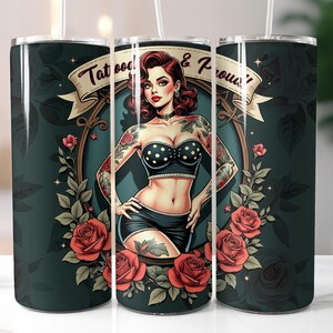 Tattooed Pin-Up Girl Tumbler Wrap PNG – 20oz Skinny Sublimation Design with Roses, Retro Tattoo Style, Rockabilly Vibe