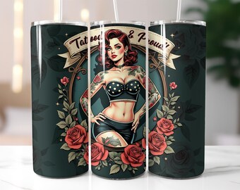 Tattooed Pin-Up Girl Tumbler Wrap PNG – 20oz Skinny Sublimation Design with Roses, Retro Tattoo Style, Rockabilly Vibe