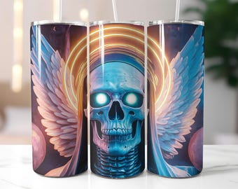 Angel Skull Tumbler Wrap PNG, Neon Blue Winged Skeleton 20 oz Skinny Sublimation Design, Gothic Celestial Art