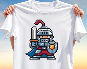Pixel Knight T-Shirt Design PNG – 8-Bit Retro Warrior Clipart for Sublimation, Medieval Sword & Shield Graphic for Gamer Apparel