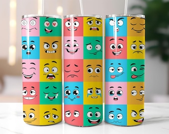 Funny Emoji Faces Tumbler Wrap PNG – 20oz Skinny Sublimation Design with Colorful Expressions, Cartoon Squares & Silly Mood Pattern