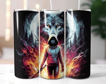 Wolf and Fire Girl Tumbler Wrap PNG – 20oz Sublimation Design with Hoodie Girl, Full Moon & Forest, Fantasy Flame Cup Wrap Digital Download