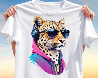 Cool Leopard T-Shirt Design PNG – Urban Style Streetwear Animal Clipart, Funny Hoodie Cheetah with Headphones for Sublimation